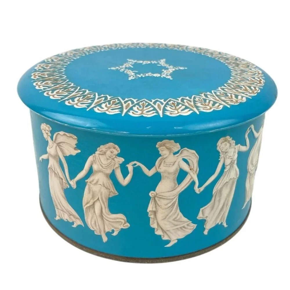 Vintage Metal Decorative Tin Container England Heavenly Angels Blue Angelic